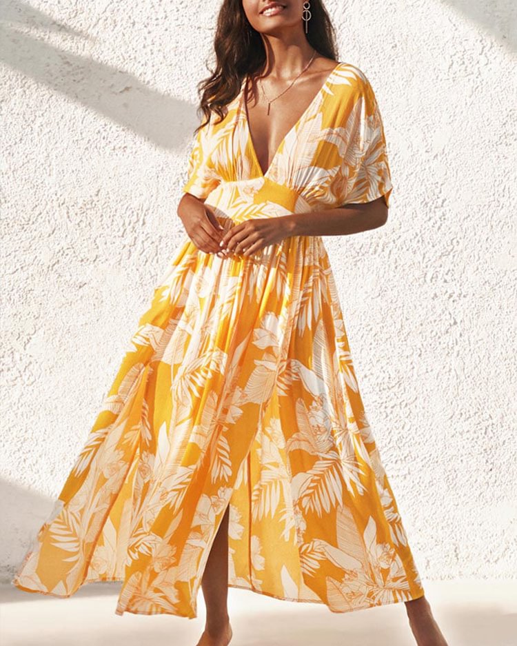 Selena Yellow Floral V-Neck Midi Dress