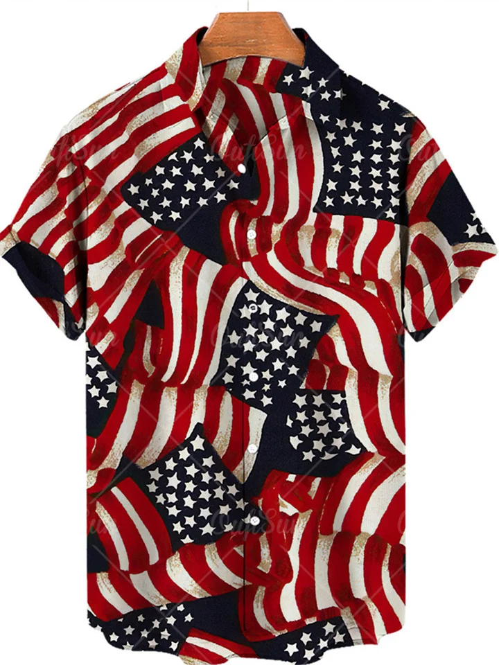 Men's Summer Fashion Casual Flag Pattern Print Independence Day Shirt Men's Vacation Beach Cardigan Shirt