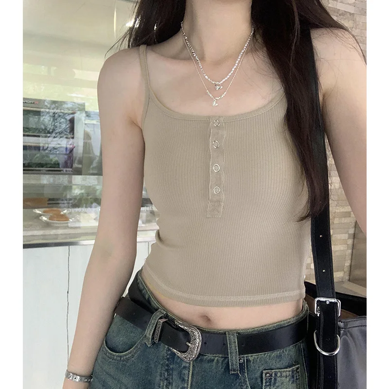 Ueong Girls Platoon Buckle Knitted Sling Vest Women's Spring And Summer New Tight And Thin Inner Jacket With Short Style
