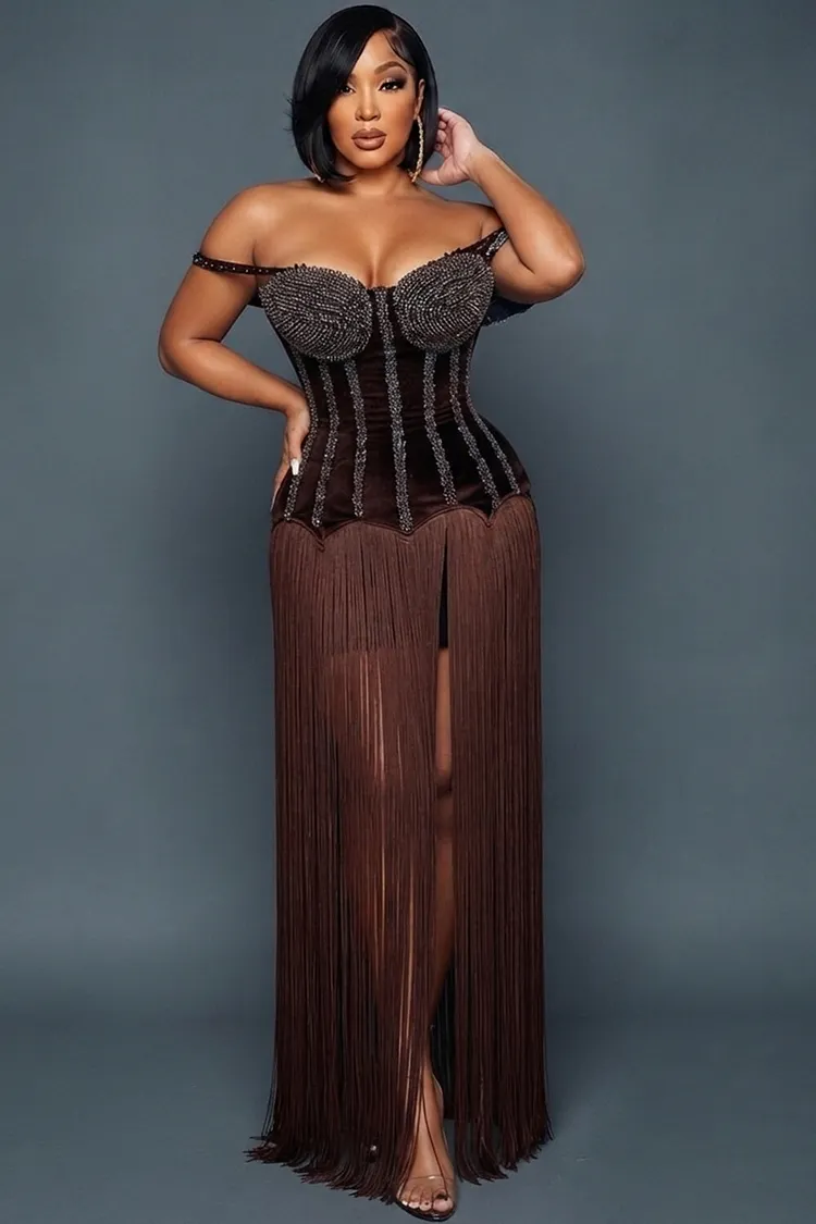 Off Shoulder Rhinestone Fringe Hem Lace-Up Maxi Dresses-Brown [Pre Order]