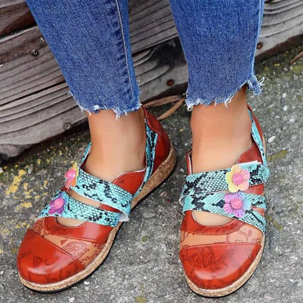 Women'S Retro British Floral Leather All-Match Flats