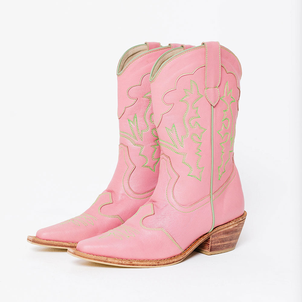 Embroidered Block Heel Snip Toe Pink Cowgirl Boots for Women Nicepairs
