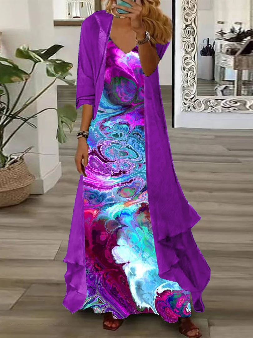 Women's Long Sleeve V-neck Colorblock Graphic Printed Two Pieces Maxi Dress