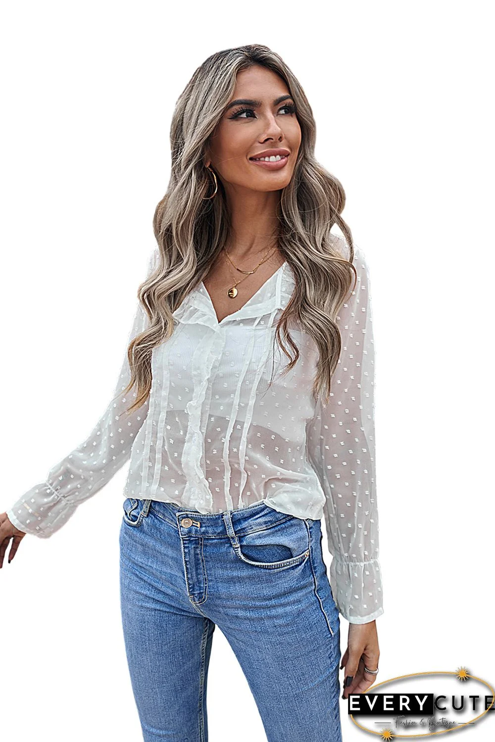 White Polka Dot Ruffled Buttoned Shirt