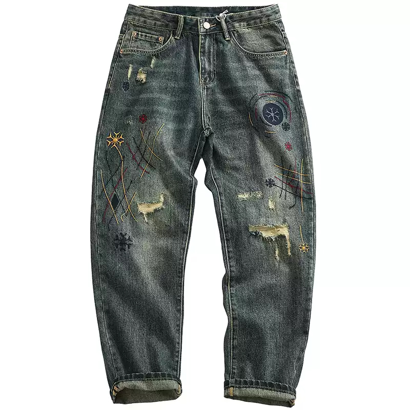 Loose Straight Tapered Heavyweight Distressed Washed Jeans