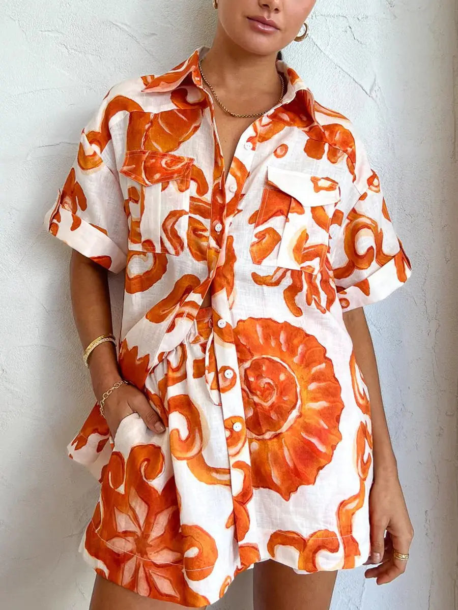 Turndown Collar Abstract Print Shorts Set
