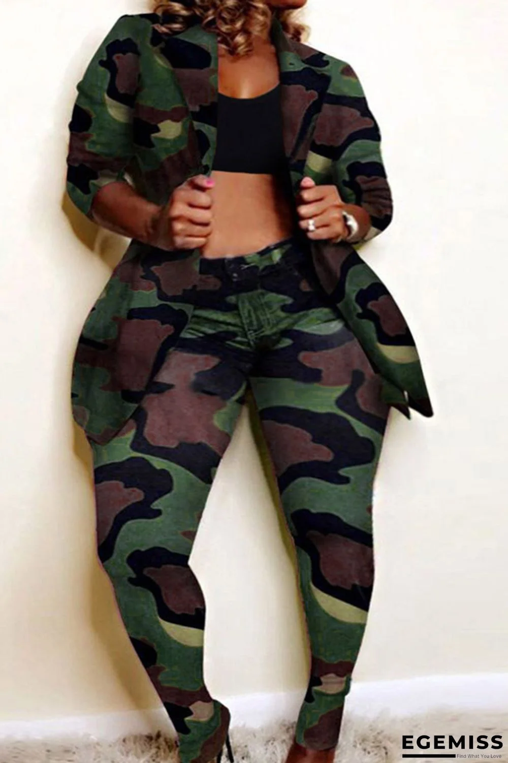 Camouflage Fashion Casual Print Cardigan Pants Turndown Collar Plus Size Two Pieces | EGEMISS