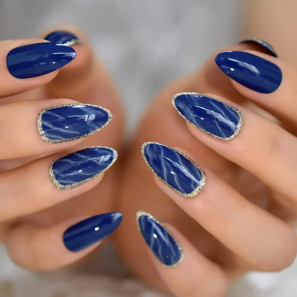 Marble Stiletto Fake Nails Silver Glitter Decorative Deep Blue Nail Art Tips Press on Manicure with Adhesive Tab 24