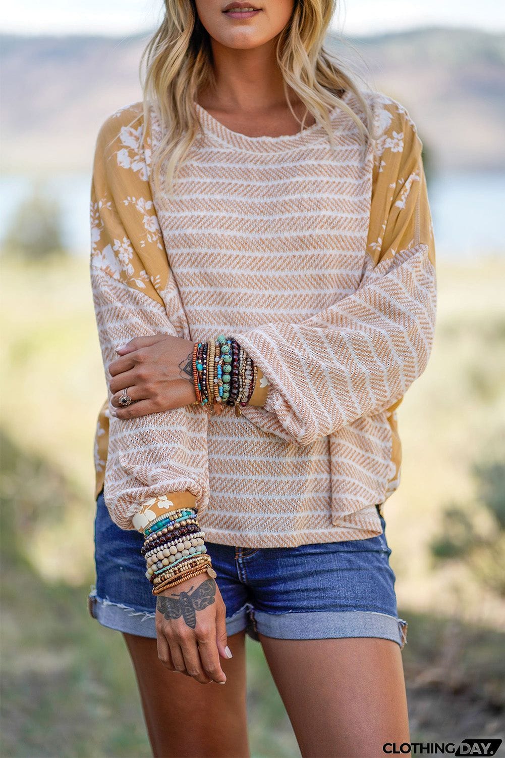 Striped Floral Splicing Lantern Sleeve Top