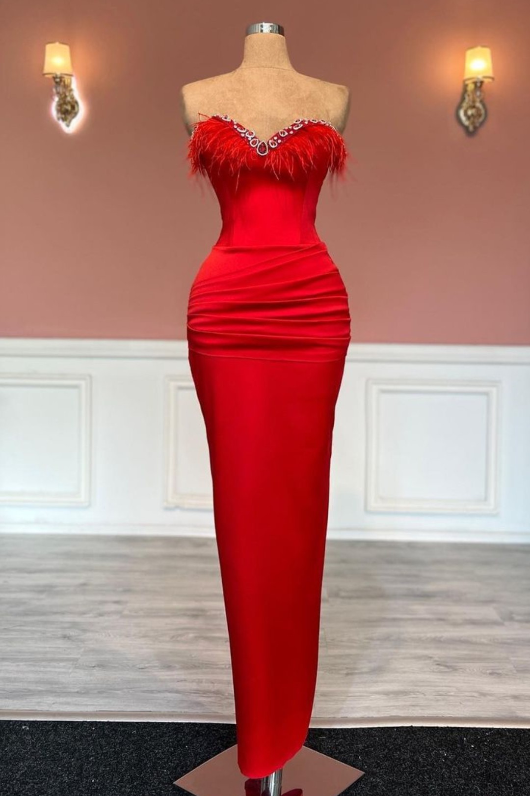 Prom Dress Red Long Sleeveless Tassel Decoration Sweetheart Satin YL0222