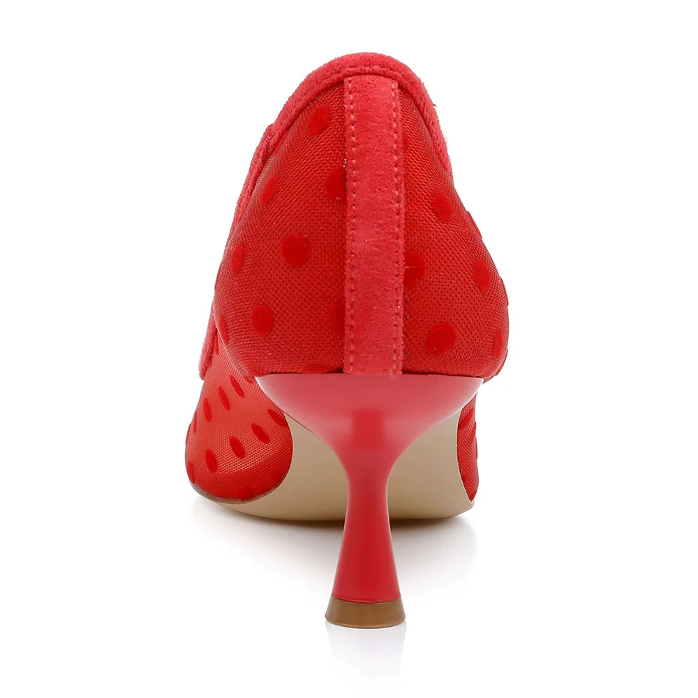 Women's Comfy Mesh Pointed Toe Polka Dot Red Heels Pumps Shoes
