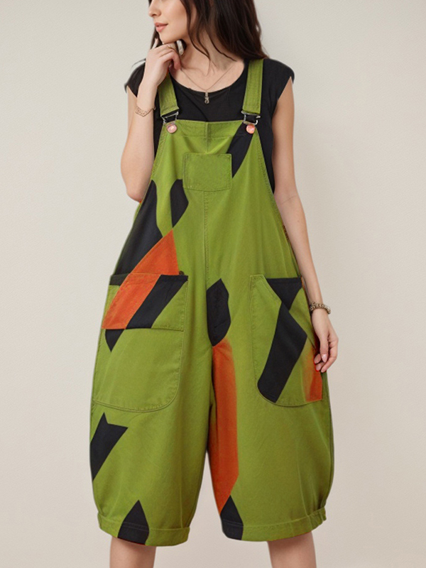Adjustable Strap Colorblock Front Pocket Loose Jumspuit