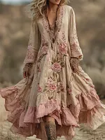 Vintage Pink Roses Ruffle Bottom Flowy Linen Maxi Dress