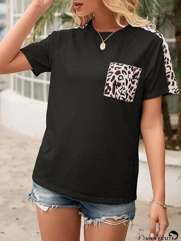 Leopard Print Pocket Neckline Casual T-shirt for Women