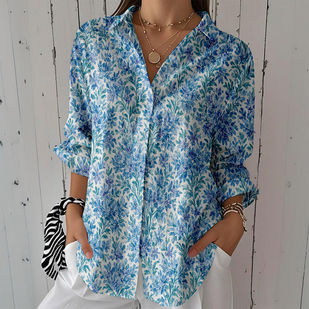Women Long Sleeve V-neck Graphic Floral Printed Top