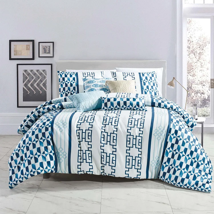 Greek Blue Modern Hotel White Comforter Set - 7 Piece Set