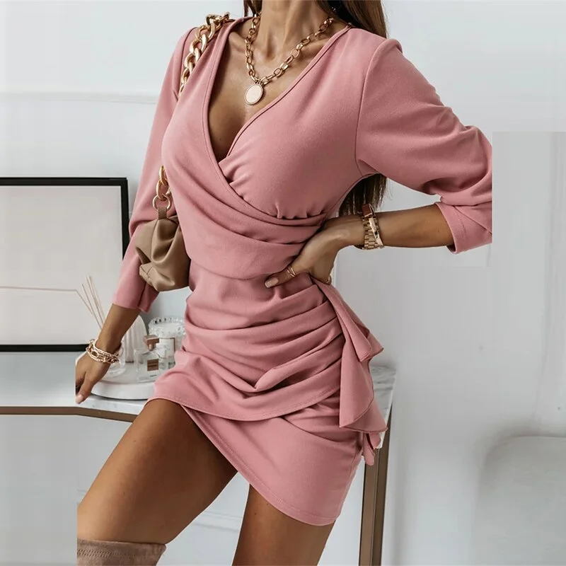 Graduation Gifts  Women Elegant V-neck Dress 2023 Spring  Slim Folds Mini Dress Autumn New Fashion Solid Color Party Irregular Dresses Vestido