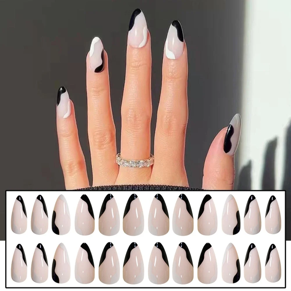 24pcs Point Head False Nails Tips Press On Nail with Heart Print Design Girl DIY Nail Patch Removable French Style Fake Nails-Nail Inspo