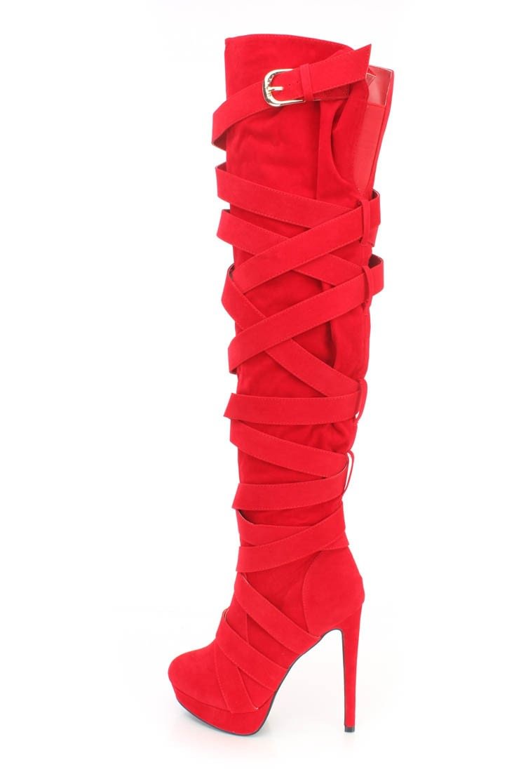 Red High Boots Strappy Stiletto Heel Platform Suede Over-Knee Boots |FSJ Shoes
