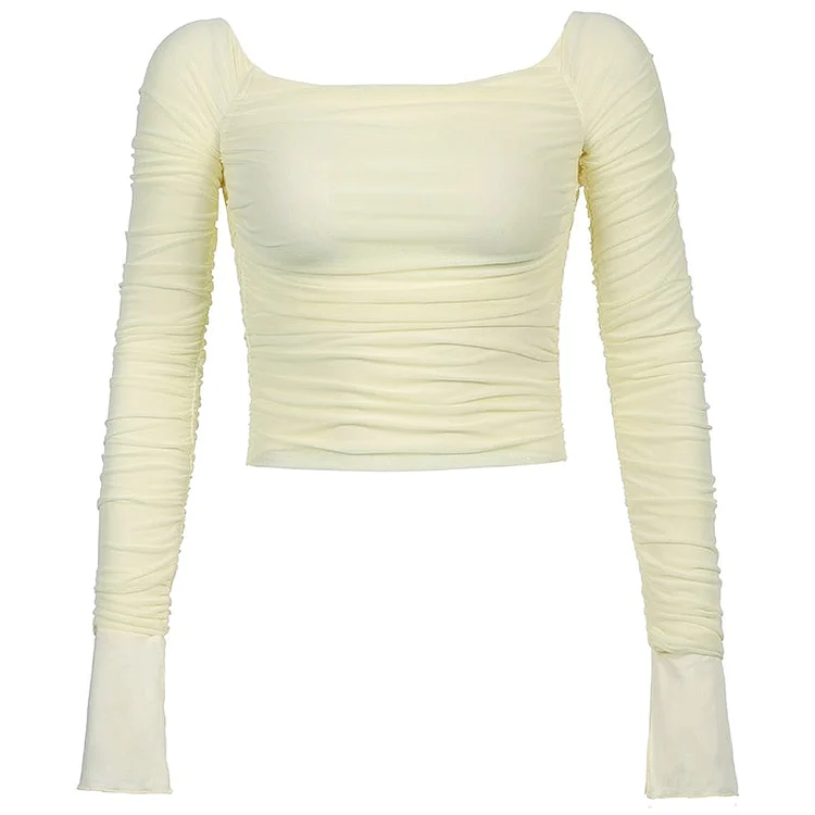 Rapcopter Ruched Mesh Crop Top Slash Neck Sexy T Shirt Y2K Split Long Sleeve Pullovers Cream Yellow Women Autumn Party Clubwear