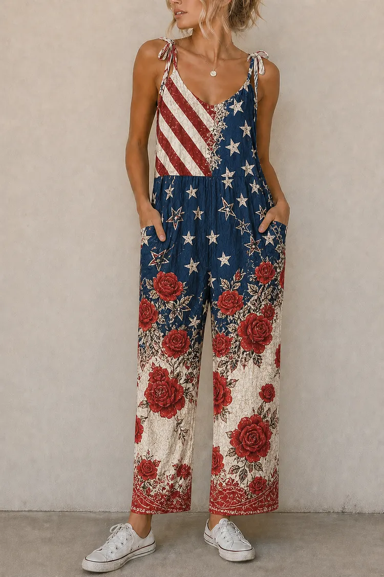 Women&rsquo;s Star Stripe Floral Panel Suspender Jumpsuit