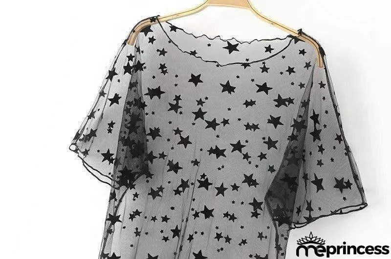 Black Stars Sheer Mesh Cover-Up T-Shirt Dress