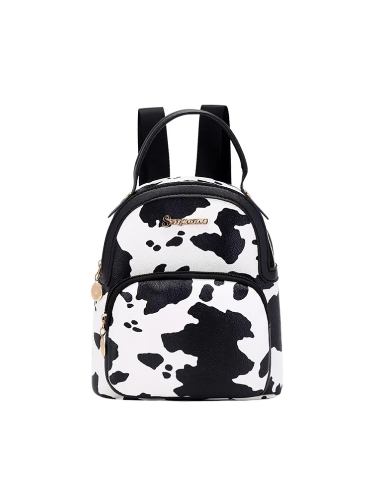 Women PU Animal Pattern Print Backpack Preppy Style Handbags (White Cow)
