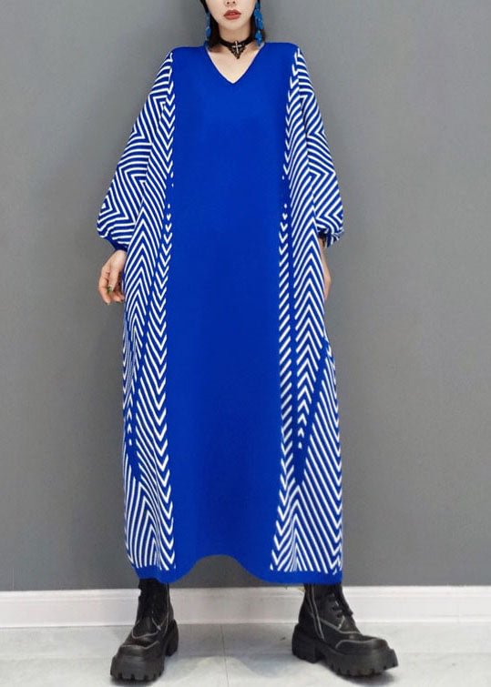 Classy Blue Striped Knit Long Dresses