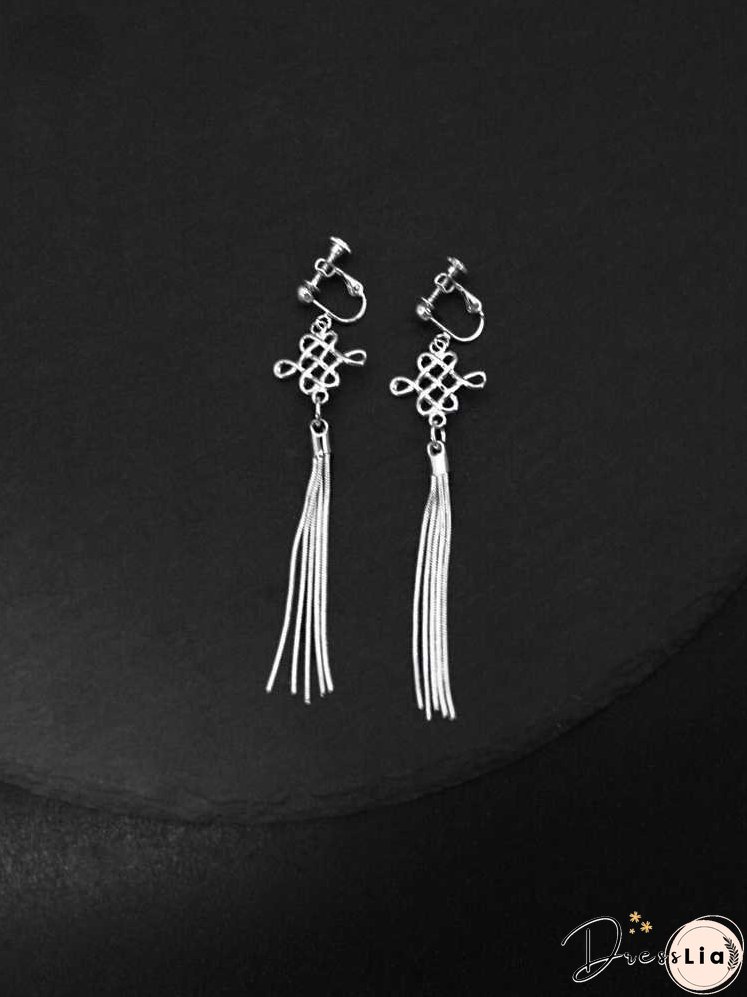 S925 Silver Art Retro Knot Tassel Earrings Elegant Bride Ethnic Style Ear Clip