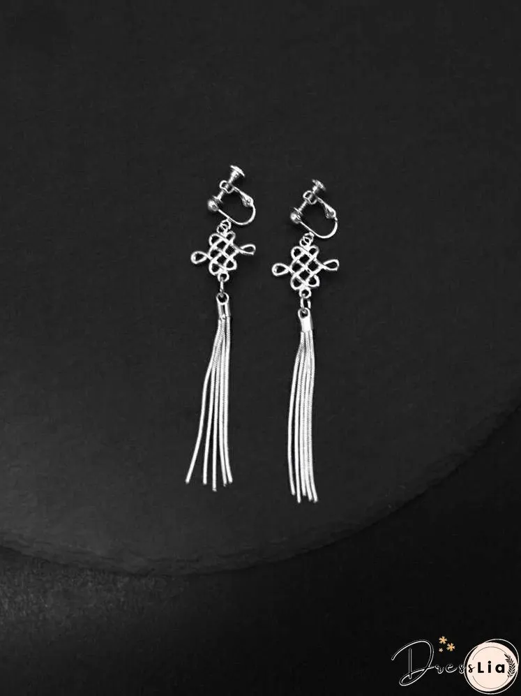 S925 Silver Art Retro Knot Tassel Earrings Elegant Bride Ethnic Style Ear Clip