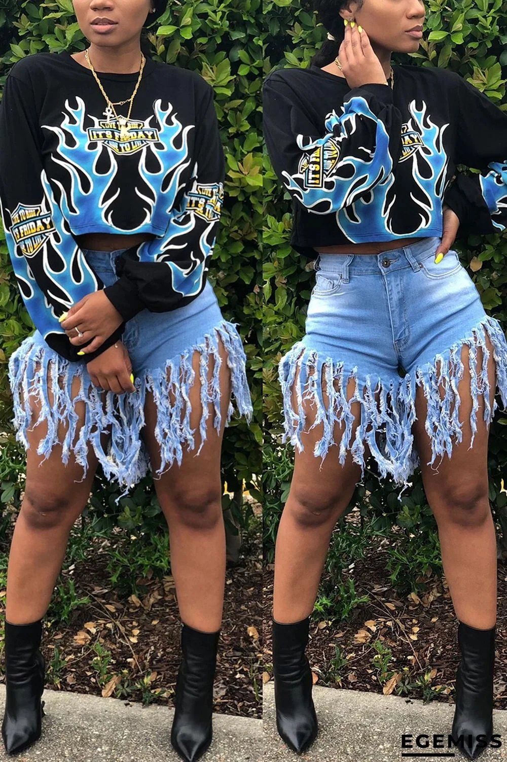 Black O Neck Print Print Long Sleeve Sweats & Hoodies | EGEMISS