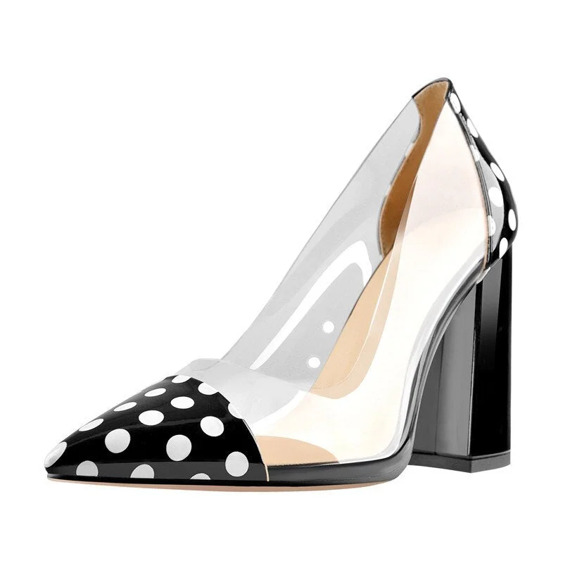 Onlymaker Women's Clear Slip-on Pumps Pointed Toe PVC Chunky Heel Cut-Out Simple Elegant 10CM High Heels Office Big Size Shoes