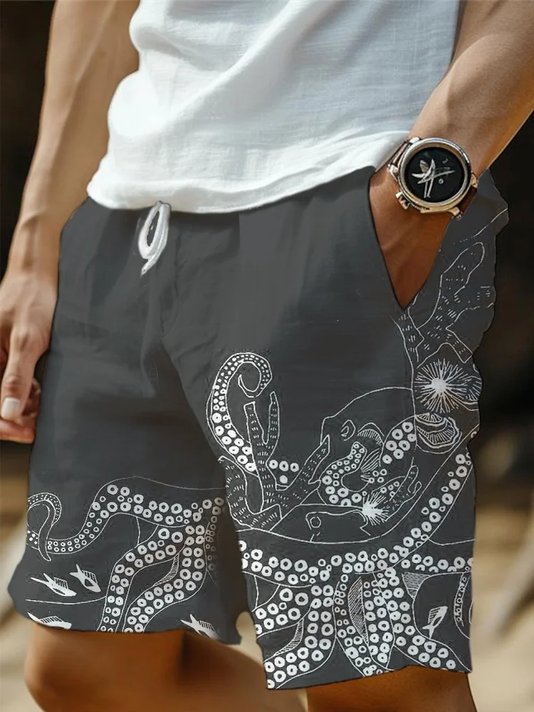 Octopus Line Art Print Men's Linen Shorts