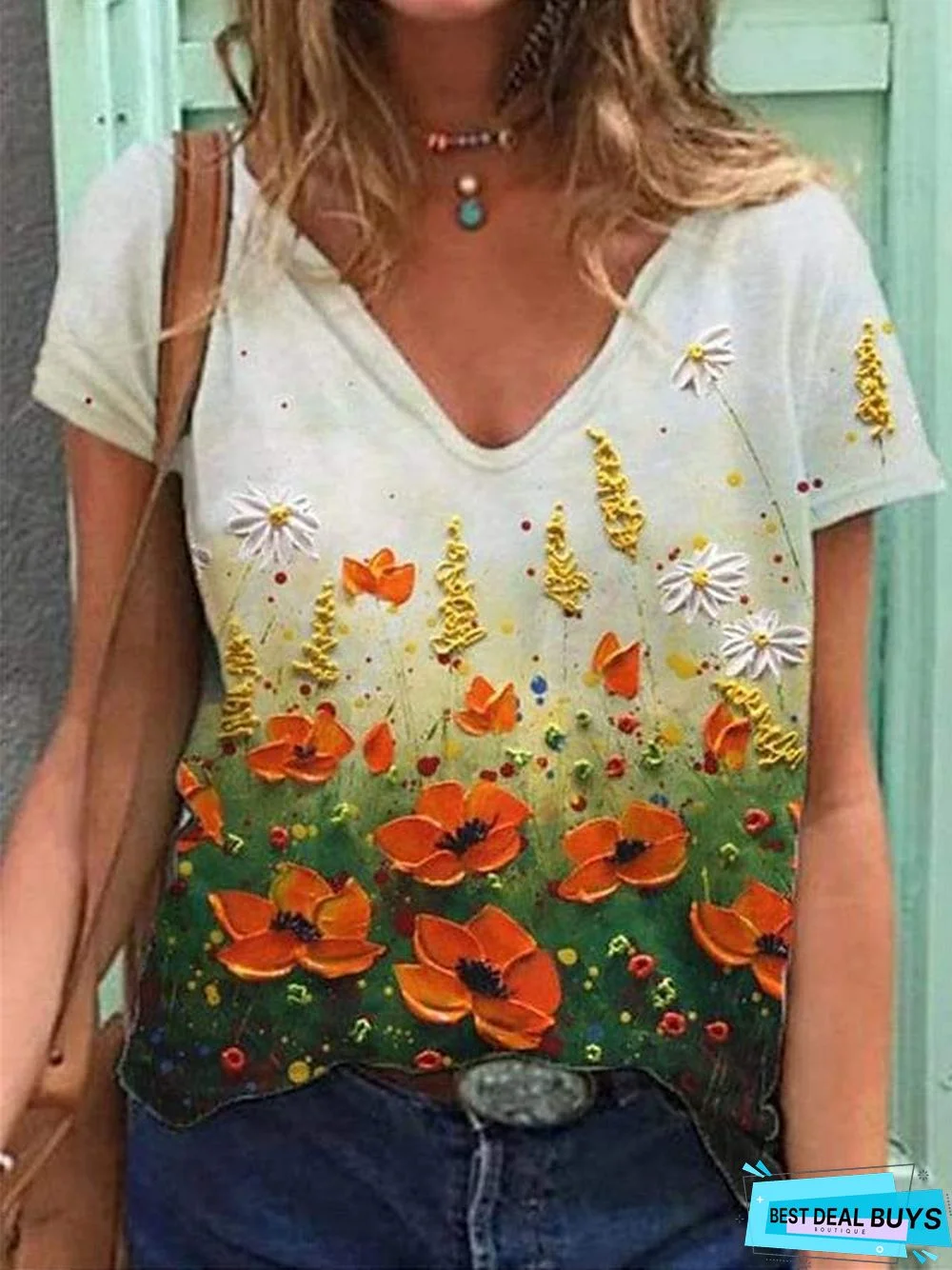 Women's Floral Theme T-shirt Floral Flower Print V Neck Tops Basic Top Blue Purple Red