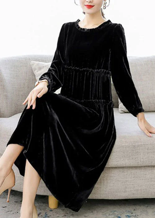 Black Patchwork Wrinkled Velour Dresses Spring