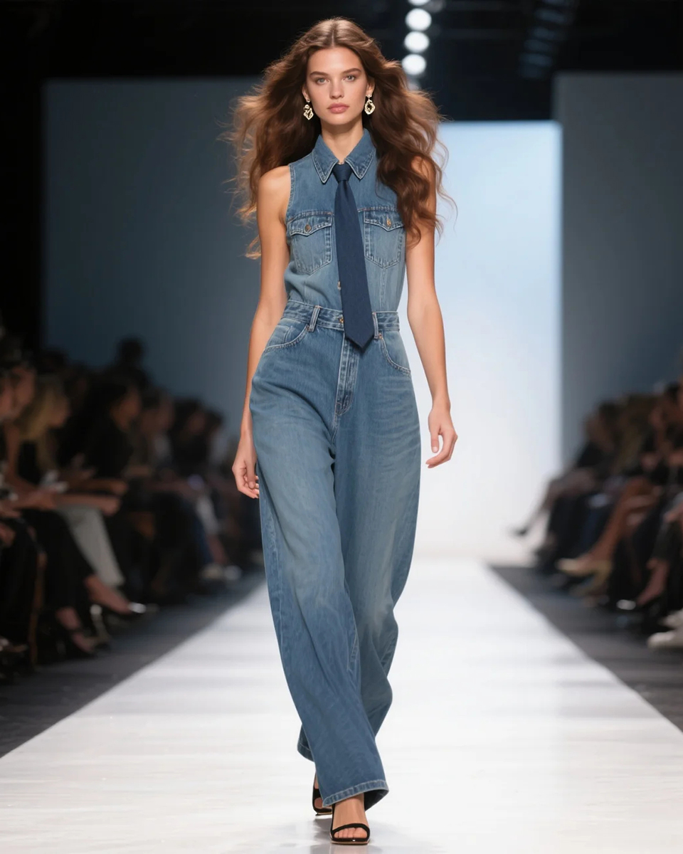 Women's Fashion Elegant Shirt Lapel Sleeveless High Waist Denim Jumpsuit