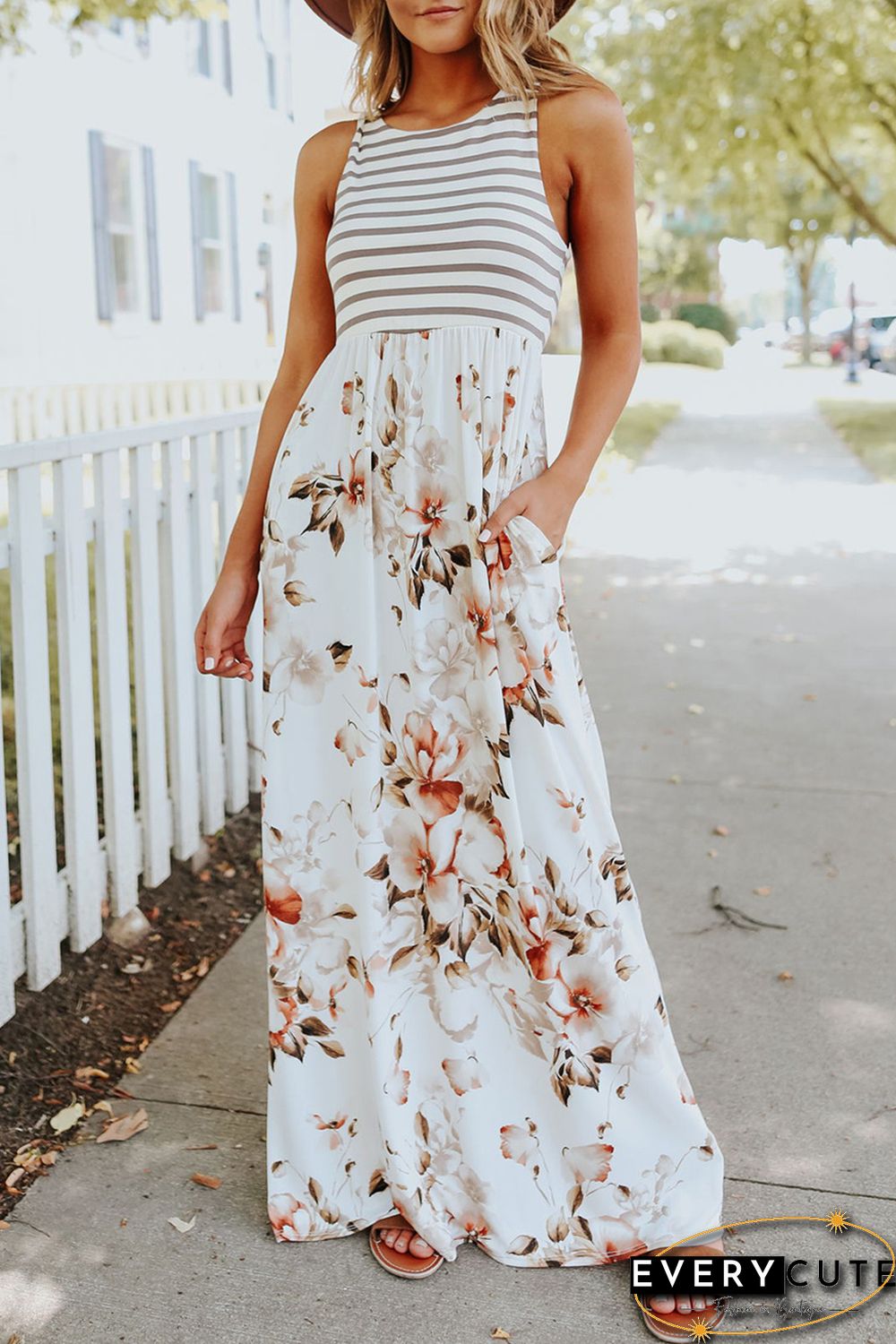White Striped Floral Print Sleeveless Maxi Dress with Pocket