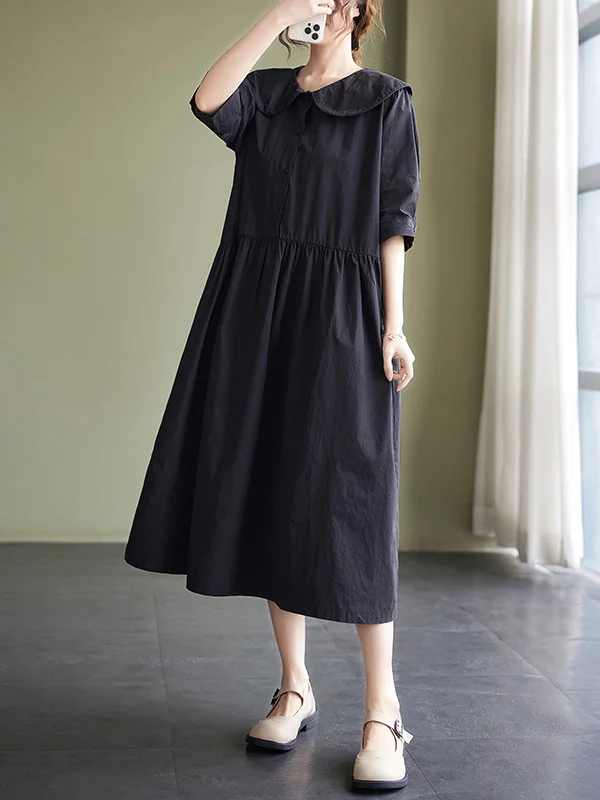 Original Loose Solid Color Buttoned Pleated Midi Dress
