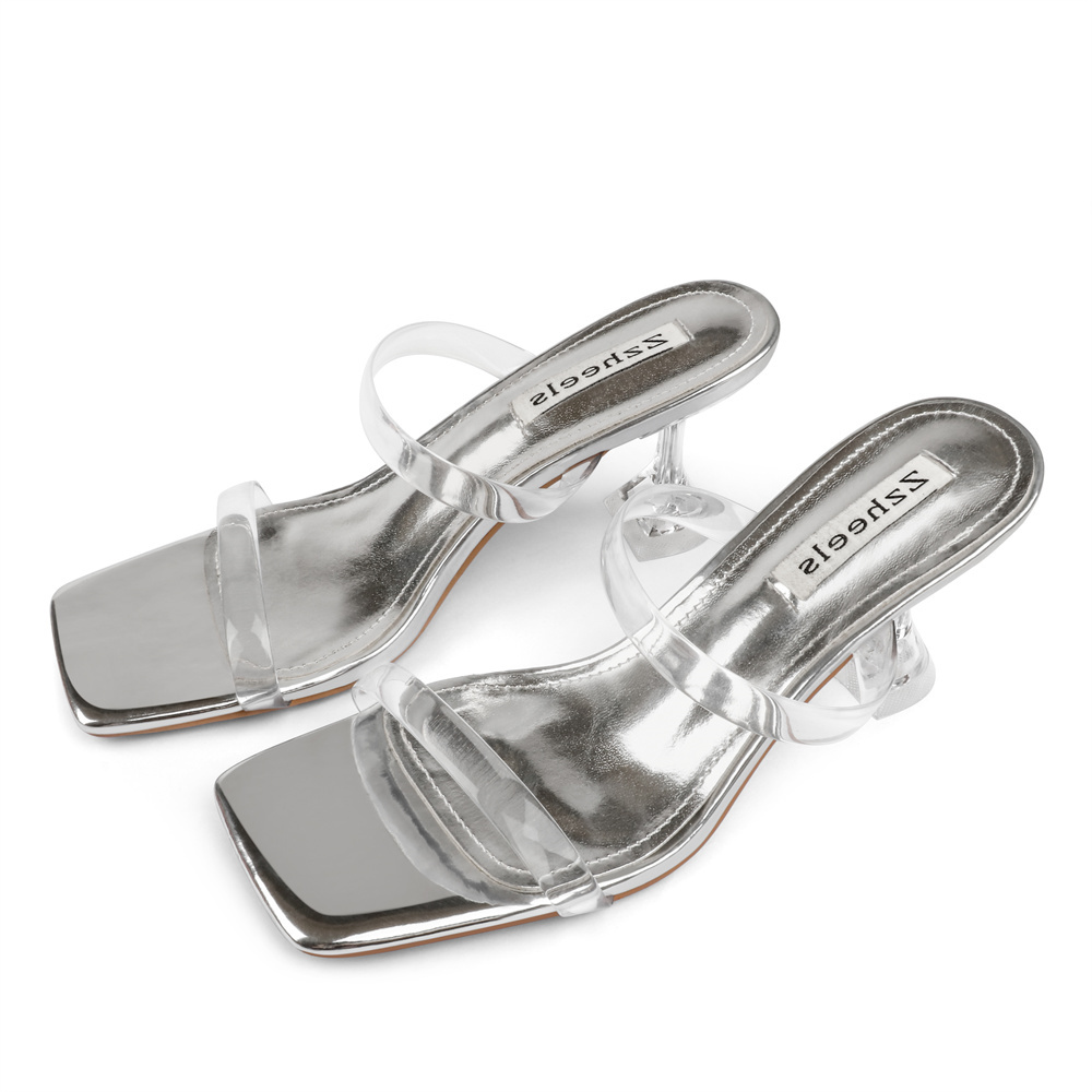 7cm/2.76''   Clear Chunky Heels for Women Low Heels Square Toe Shoes Sandals Women's Slippers