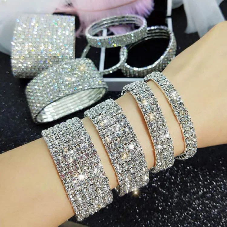 15MM Women Bracelet Bangle 6 Row Bling AAA Rhinestones Crystal-VESSFUL