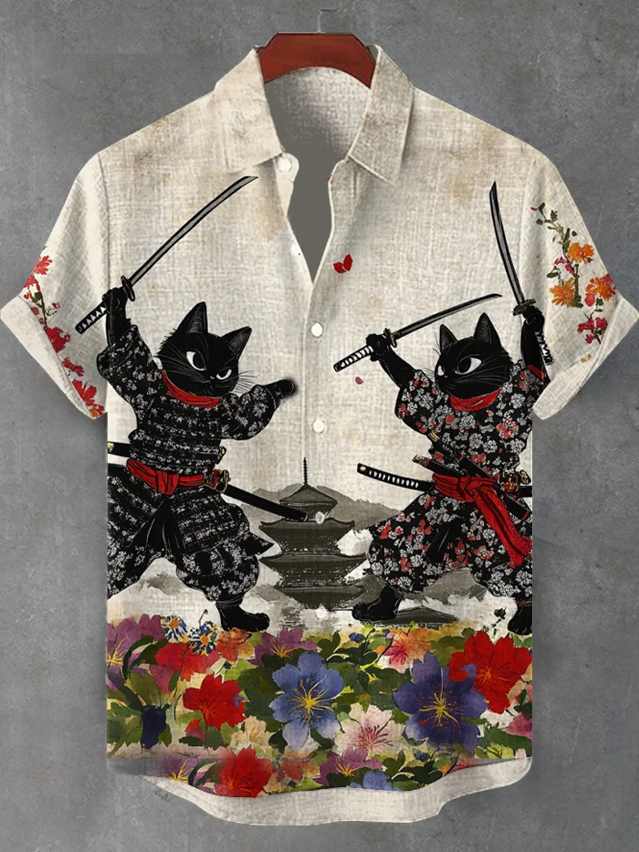 Men's Two Black Cat Samurai Swordsmen Fighting With Swords Print Short Sleeve Shirt