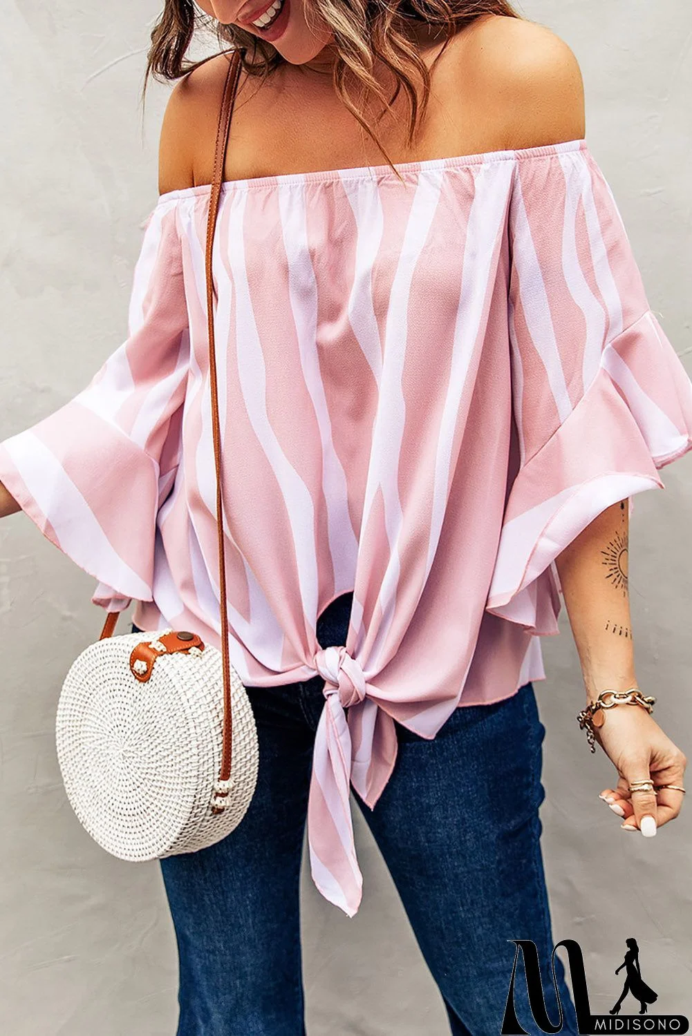 MidiSono - Off The Shoulder Pink White Vertical Stripes Blouse
