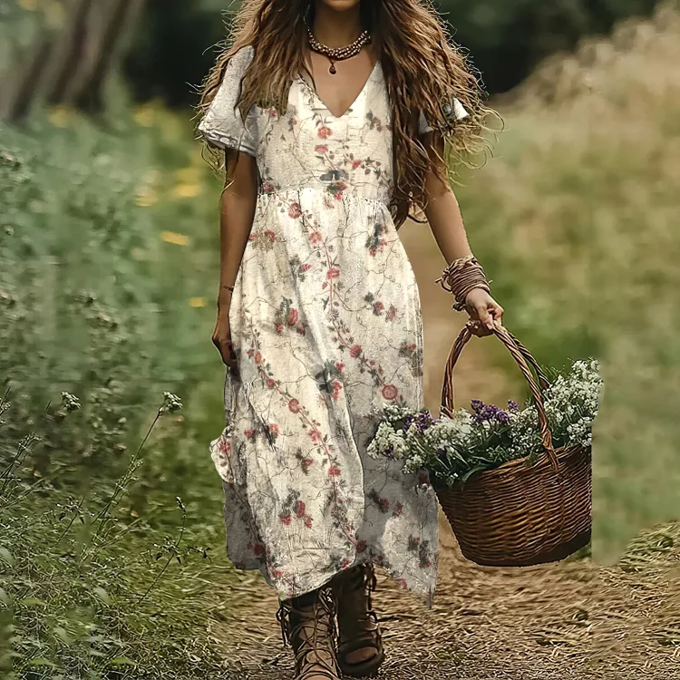 Vintage Floral Print V-neck Short Sleeved Dress