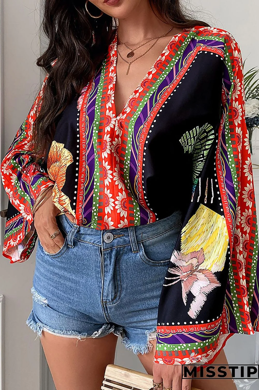 Black Fashion Casual Print Patchwork V Neck Tops