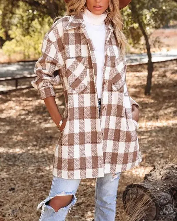 New Fashion Plaid Long Shirt Jacket