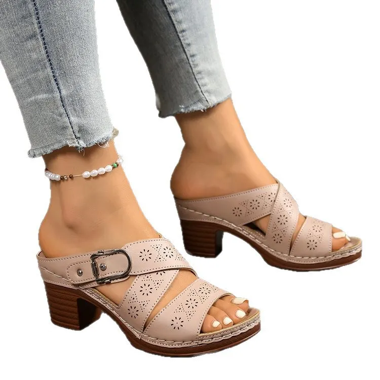 Yyvonne Out And Coarse Roman Cool Slippers 2025 Summer New Word With Large-Size High-Heeled Women's Shoes