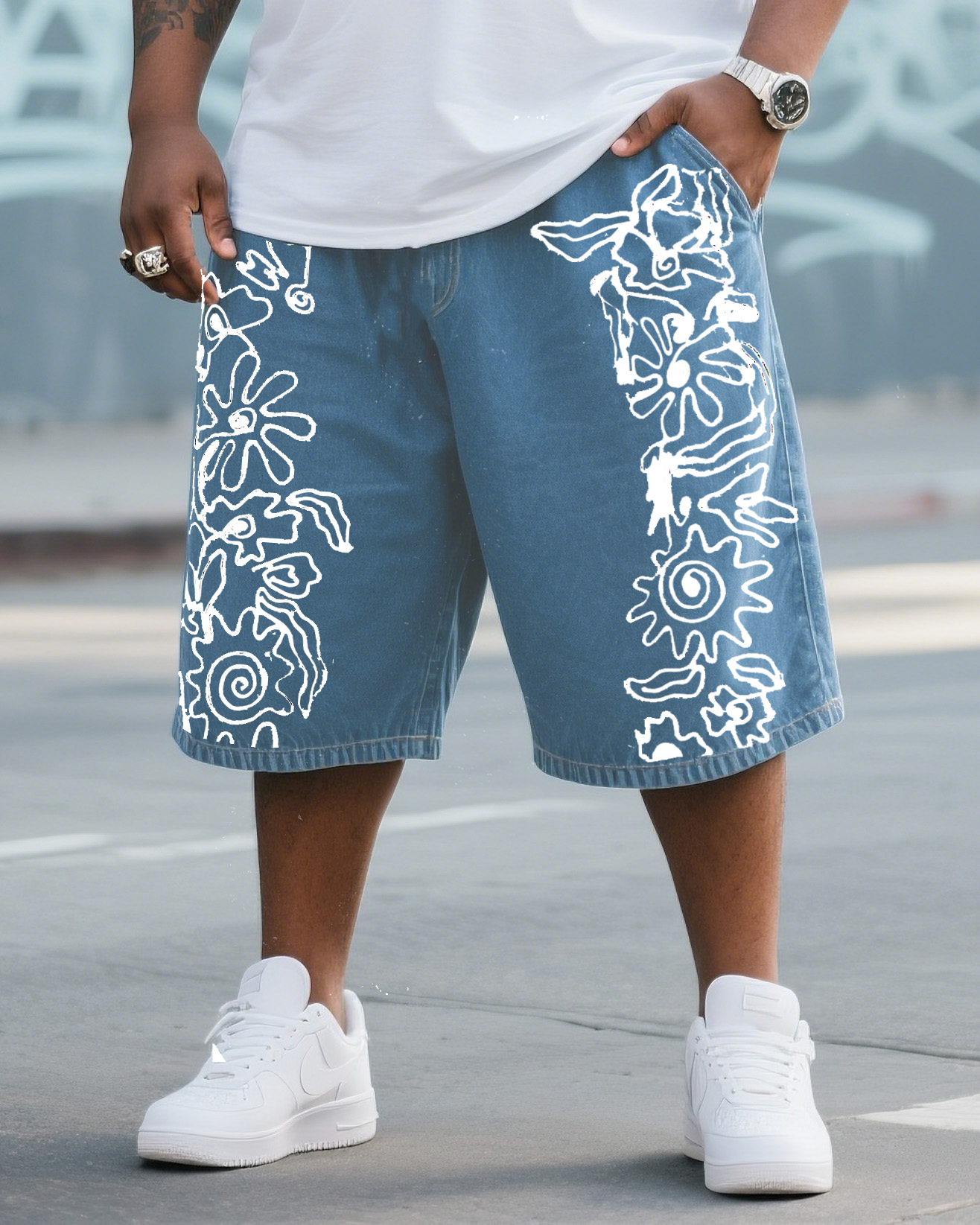 Plus Size Men's Fashion 2025 Popular Abstract Handmade Painting Shorts Jeans
