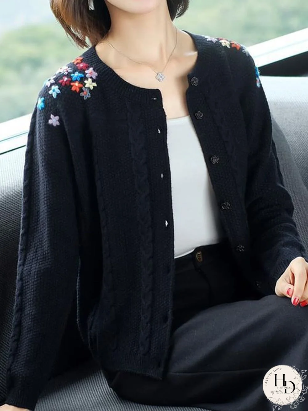 Women Fashion Floral Embroidery Cable Knit Button Front Sweater Jacket