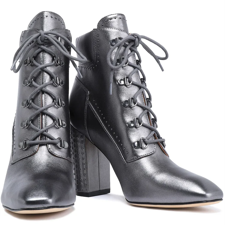 Silver Studs Lace Up Boots Square Toe Chunky Heels Ankle Boots |FSJ Shoes