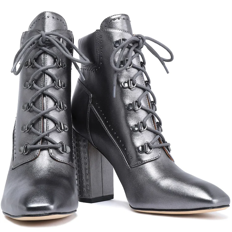 Silver Studs Lace-Up Chunky Heel Ankle Boots Vdcoo